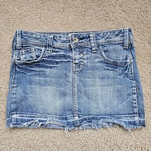 Vintage Y2K No Boundaries blue denim jean micro mini skirt raw hem size 5